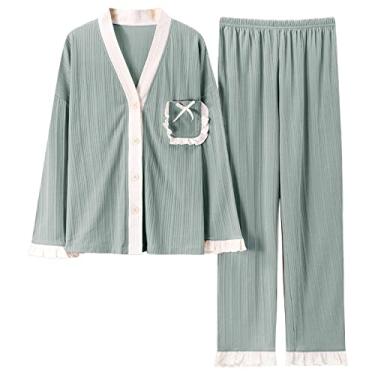 Imagem de HHHJQFAAT Roupa de dormir feminina outono inverno conjunto de pijama de manga comprida completo conjunto de pijama solto para casa (verde 1X)