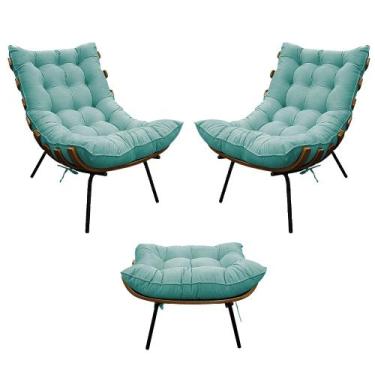 Imagem de Kit 02 Poltronas e Puff Costela Base Fixa Suede Azul Turquesa - Doce S
