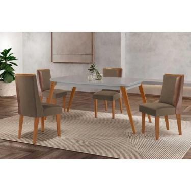 Imagem de Conjunto: Mesa Sala Jantar Havana Curvo 120cm + 4 Cadeiras Tilia Naturale/Off White - Suede Capuccino - Rufato