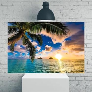 Imagem de Arte de parede em tela rústica vintage com palmeira sobre o oceano Sunset Islands - Pôster sem moldura de 20 x 30 cm - Ideia de presente para decoração de casa e escritório para sala de estar, quarto