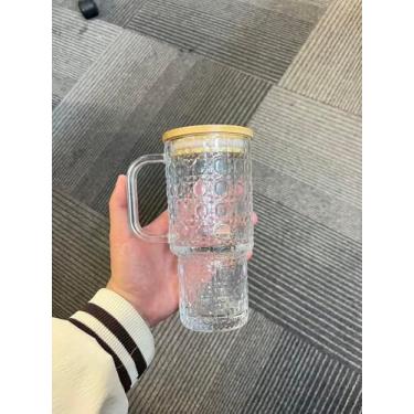 Imagem de AGH Pacote com 6 copos de vidro de 510 g com tampas e canudos, copo de vidro transparente com alça, xícara de café gelado com tampas de bambu e canudos para suco, vitaminas. Copo de vidro reutilizável