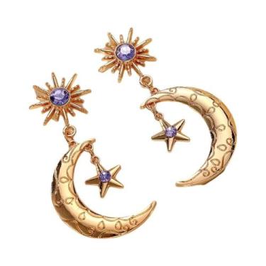 Imagem de Brincos De Estrela E Lua Retrô Em Ouro E Prata Com Pedras Sintéticas V