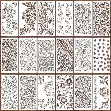Imagem de 18 peças de estênceis florais para artesanato, 20 x 10 cm, estênceis de textura reutilizáveis, modelos de arte criativa para pintura em madeira, estêncil de fundo para móveis, cartão, tela, papel