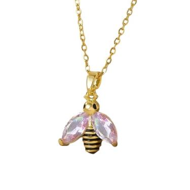 Imagem de Dtja Colar feminino com pingente de abelha com listras pretas de cristal banhado a ouro, moderno, berloques de abelha de mel, corrente de elos ajustáveis, joias de festa de aniversário de casamento