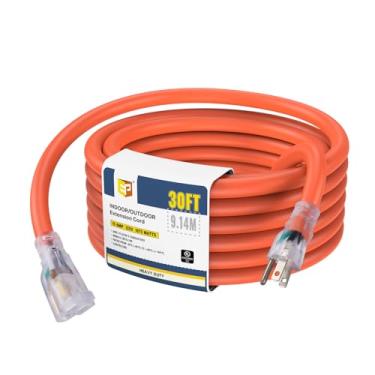 Imagem de EP Cabo de extensão externo iluminado de 30 metros – Cabo de extensão laranja resistente SJTW 10/3 com plugue aterrado de 3 pinos para segurança, listado na UL