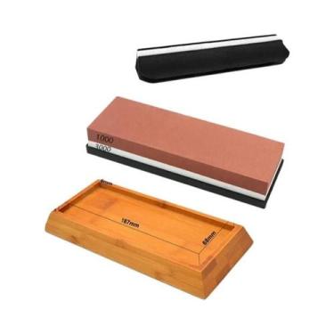 Imagem de Kit Profissional De Pedras De Afiar Facas Com Base De Bambu Antiderrap