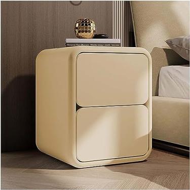 Imagem de Mesa de cabeceira moderna - Mesa de cabeceira de madeira maciça com 2 gavetas - Design criativo para quarto - Mesa lateral de couro estreita - Armário de cabeceira versátil