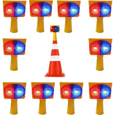 Imagem de Sinalizador Viario Solar Kit 10 Duas Cores Cone Estrada Alerta Obra Rodovia Emergencia Transito Fiscal