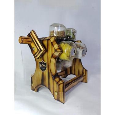 Imagem de Porta tempero com manivela Giratório esculpido de Madeira Maciça 8 pot