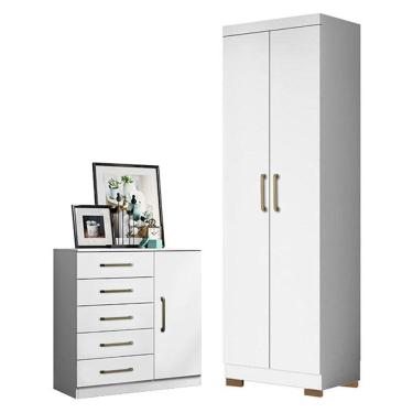 Imagem de Cômoda Sapateira Milão 2014145 e Armário Multiuso 2000191 Branco Tx com Pés Bronze - Aramóveis