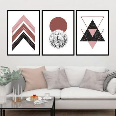 Imagem de Kit 3 Quadros Decorativos Geométrico Rosa E Gold 34x23cm