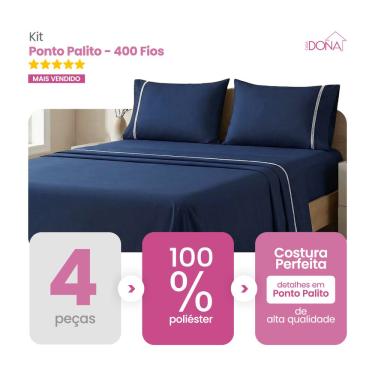 Imagem de Jogo de Lençol Casal/ Queen/ King 4 Peças 400 Fios Ponto Palito Toque Macio Premium Casa Dona
