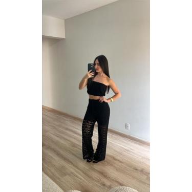 Imagem de Conjunto Saída De Praia Calça Rendada Cropped Tricot Verão - Calu Tric