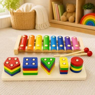 Imagem de Kit 2 Brinquedos Pedagógico Educativo Madeira Infantil Xilofone Musica