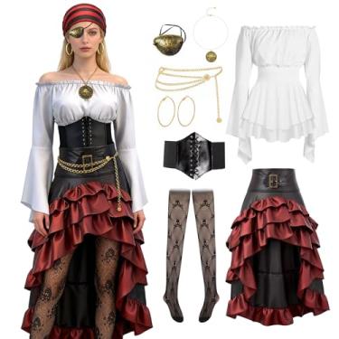 Imagem de Fantspati Fantasia de pirata feminina, Vermelho, GG