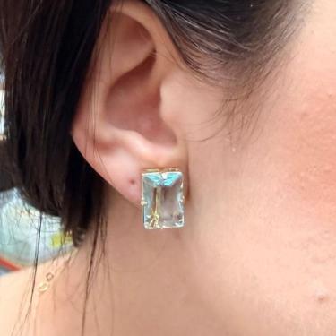 Imagem de Brinco De Pressão Pedra Retangular Azul Folheado A Ouro - Fama Folhead