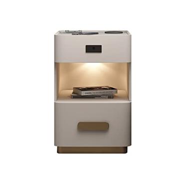 Imagem de Mesas de apoio para cama, luminária inteligente de indução para quarto de cabeceira mesa de cabeceira com impressão digital, desbloqueio de impressões digitais, gaveta, divisória, mesa de cabeceira para quarto (cor: branco, comprimento: 40 cm)