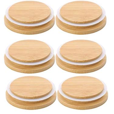 Imagem de Pacote com 6 tampas de madeira para potes de conserva de bambu reutilizáveis compatíveis com pote de conserva de boca larga