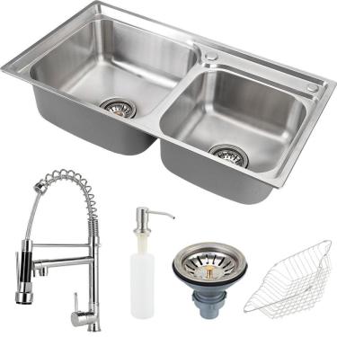 Imagem de Cuba Para Cozinha Pia Dupla Com Acessórios Ticunas E Torneira Monocomando Gourmet Munim Pingoo.casa