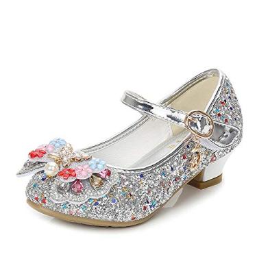 Imagem de TangDao Sapatos sociais infantis para meninas, festa de casamento, brilhante, Mary Jane, salto alto, princesa, flor, sapatos de lantejoulas com glitter, para meninas pequenas e grandes,