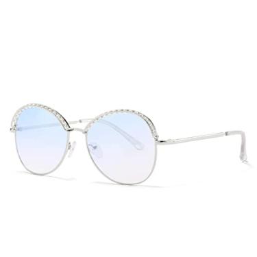 Imagem de Óculos de Sol Retrô Metal Pérola Redondo Feminino Designer de Luxo Grande Armação Óculos de Sol Feminino Gradiente Lente Tons, Azul Prata, A