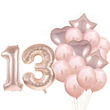 Imagem de Doce 13º aniversário decorações suprimentos de festa, ouro rosa número 13 balões, 13º balões de mylar decoração de balão de látex, ótimos de 13 anos para meninas, mulheres, homens, adereços de fotos