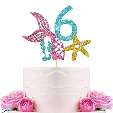 Imagem de WeBenison Topo de bolo de sereia de seis aniversários para meninas topo de bolo de 6º aniversário / oceano / polvo sob o mar sereia 6º aniversário decorações de festa azul