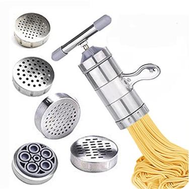 Imagem de VETAKING Macarrão manual de aço inoxidável prensa manivela espaguete fettuccine máquina de prensa de massa com 5 moldes de macarrão, espremedor de frutas (18,5 x 14 cm)