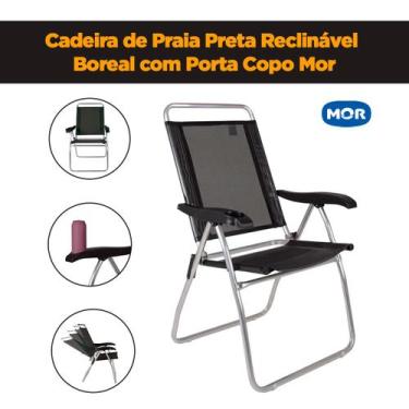 Imagem de Cadeira De Praia Preta Reclinável Boreal Com Porta Copo Mor