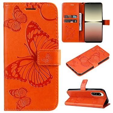 Imagem de Capas de telefone borboleta em relevo compatíveis com Sony Xperia 5 IV capa de couro com slots de cartão de visita de luxo clipe de carteira capa de telefone à prova de choque (laranja, Sony Xperia 5 IV)