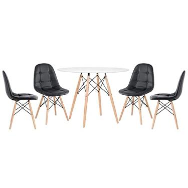 Imagem de Loft7, Kit - Mesa redonda Eames 100 cm branco + 4 cadeiras estofadas Eiffel Botonê Preto