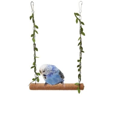 Imagem de Brinquedo de balanço de gaiola de pássaro para pendurar, poleiro de papagaio de madeira natural com corda de cânhamo colorida, poleiro de pássaro pendurado com suporte, brinquedos de pássaros de madeira pequenos, calopsita (marrom)