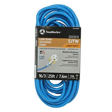 Imagem de Southwire Cabo de extensão leve Coldflex – Calibre 16/3 SJTW – Extremidades iluminadas para visibilidade de energia – Lâminas reforçadas para segurança – Flexível em frio extremo – Azul – 60 m