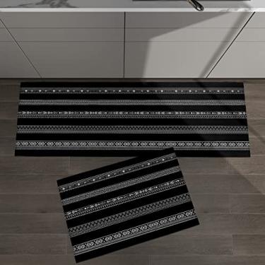 Imagem de Conjunto de 2 tapetes de cozinha com padrão geométrico listrado boêmio preto para tapetes acolchoados e tapetes antiderrapantes absorventes corredor confortável tapete de pé