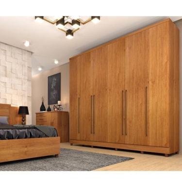 Imagem de Quarto de Casal Roupeiro 6 Portas Portugal com Pés, Cama Casal Queen, Cabeceira e Cômoda 5 Gavetas Cinamomo