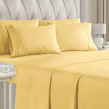 Imagem de King Size Sheet Set - 6 Conjunto de Peças - Lençóis de Luxo do Hotel - Extra Macio - Bolsos Profundos - Fácil Ajuste - Folhas respiráveis e de resfriamento - Sem Rugas - Confortável - Lençóis amarelos - Folhas de Reis - 6 pc