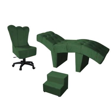 Imagem de Kit Maca Estética 60cm Com Cadeira Mocho Giratória E Escadinha Suede Verde - D House Decor
