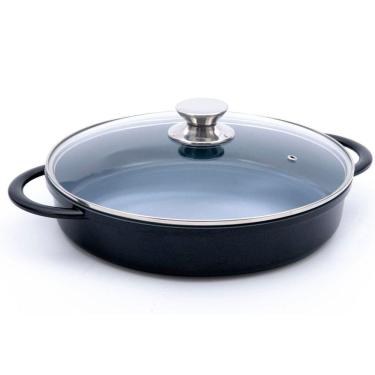 Imagem de Caçarola Baixa Hercules Indução Antiaderente Ceramico Tampa de Vidro Redonda Preta 30cm 3,5 Litros