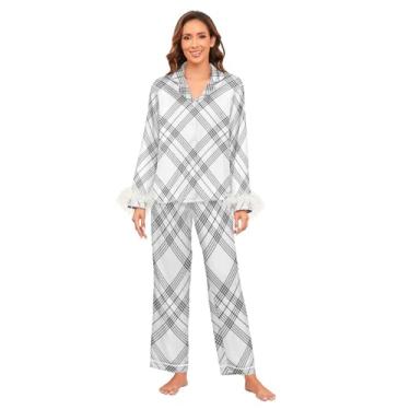 Imagem de GuoChe Conjunto de pijama de cetim macio de manga comprida com punho de penas de seda, conjunto de pijama feminino casual para festa do pijama, dama de honra, casamento, Xadrez de