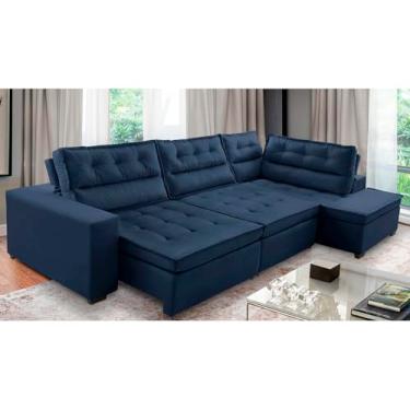 Imagem de Sofá de Canto Retrátil e Reclinável com Molas 3,40x2,00 Virginia Suede Azul Adonai Estofados