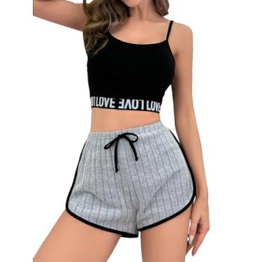 Imagem de Milumia Conjunto de pijama feminino 2 peças com fita de letras cropped top com shorts pijama loungewear, Preto e cinza, M