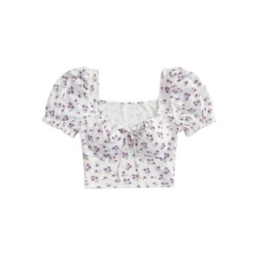 Imagem de BEAUDRM Camiseta feminina com estampa floral e decote coração nó frontal cropped manga curta acabamento babado pulôver slim fit, Roxo violeta, PP