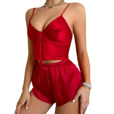 Imagem de EUBUY Pijama sexy de cetim de seda, conjunto de pijama sexy com decote em V e shorts para mulheres, Vermelho, P