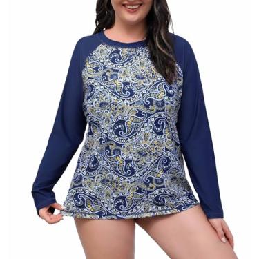 Imagem de Halcurt Roupa de banho feminina plus size Rash Guard sutiã embutido manga longa camisa de natação UPF50 secagem rápida ajuste solto top, Paisley azul marinho/azul, 4X