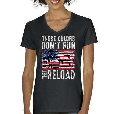 Imagem de Camiseta feminina gola V These Colors Don't Run They Reload 2nd Amendment 2A Second Right American Flag Don't Tread on Me, Preto, GG
