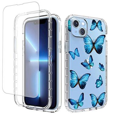 Imagem de Ueokeird Capa para iPhone 14 Plus com protetor de tela de vidro temperado, linda estampa de borboleta transparente, capa protetora de corpo inteiro para Apple iPhone 14 Plus de 6,7 polegadas