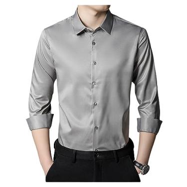 Imagem de Camisa social masculina elástica gola lapela manga longa camisa formal seda não passar a ferro, Cor 3, 3G
