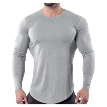 Imagem de Camisa esportiva masculina manga longa gola redonda camiseta atlética cor sólida respirável, Cinza, G