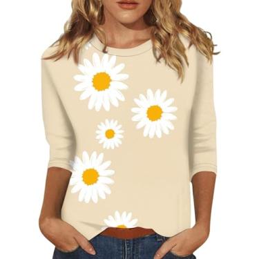 Imagem de Masbird Camisetas femininas de manga 3/4 com gola redonda com estampa floral, caimento solto, cor lisa, comprimento três-quartos, Ofertas flash bege, GG