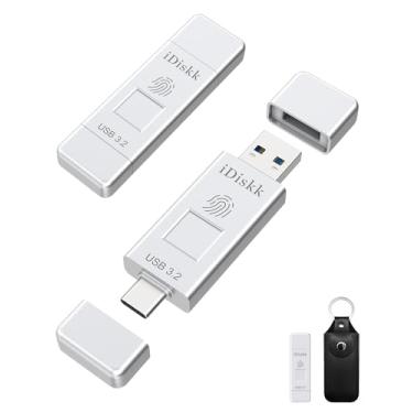 Imagem de iDiskk SSD 256 GB 500 MB/S com criptografia de impressão digital pen drive de alta velocidade para iPhone 15/15 Plus/15 Pro/15 Pro Max, USB C iPad, MacBook, laptops, Android e PC, fotos e vídeos de